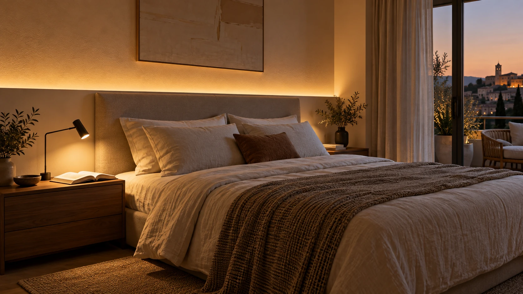 Camera da letto con illuminazione indiretta calda e lampada da lettura separata