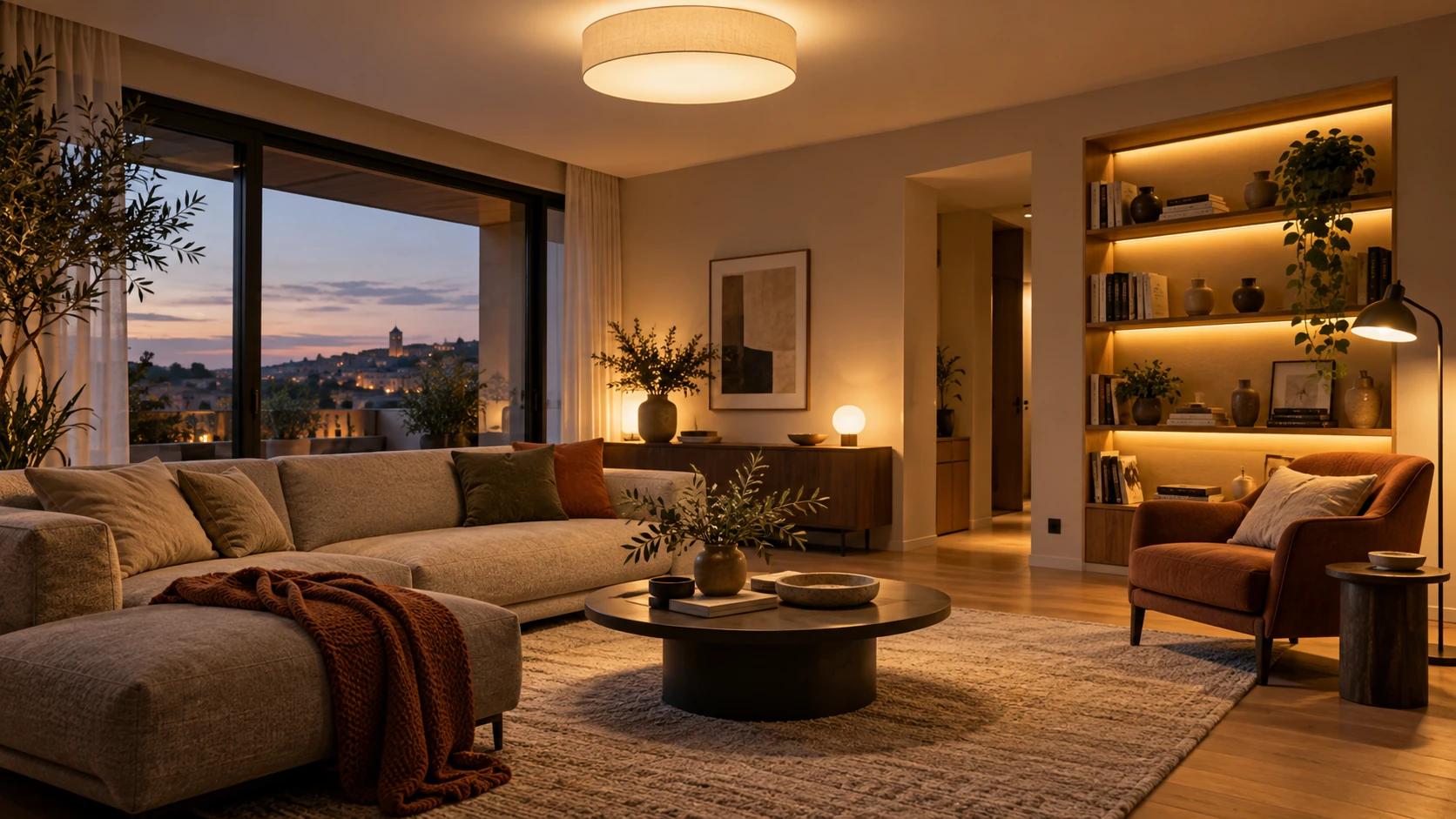 Soggiorno con luce generale, lampada da lettura e illuminazione LED indiretta