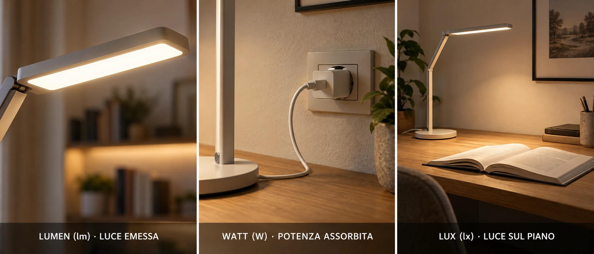 Tre dettagli fotografici mostrano la luce emessa dalla lampada, l’alimentazione e il piano illuminato