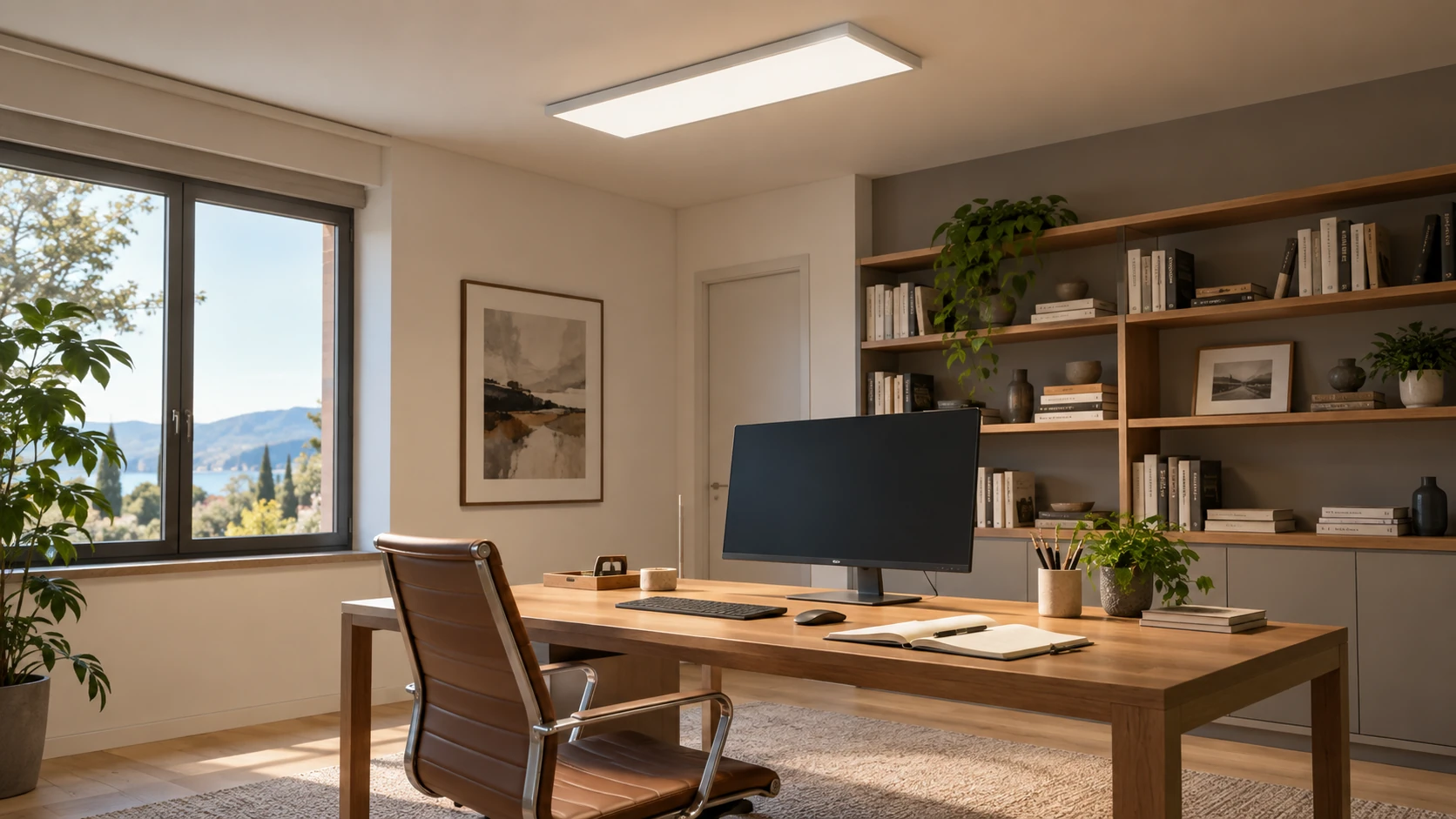 Ufficio con pannello LED a soffitto e piano di lavoro illuminato