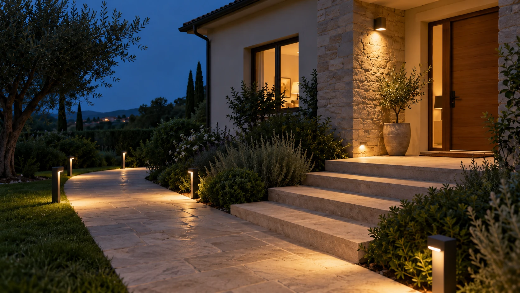Vialetto esterno illuminato da segnapasso e faro LED orientato verso il percorso