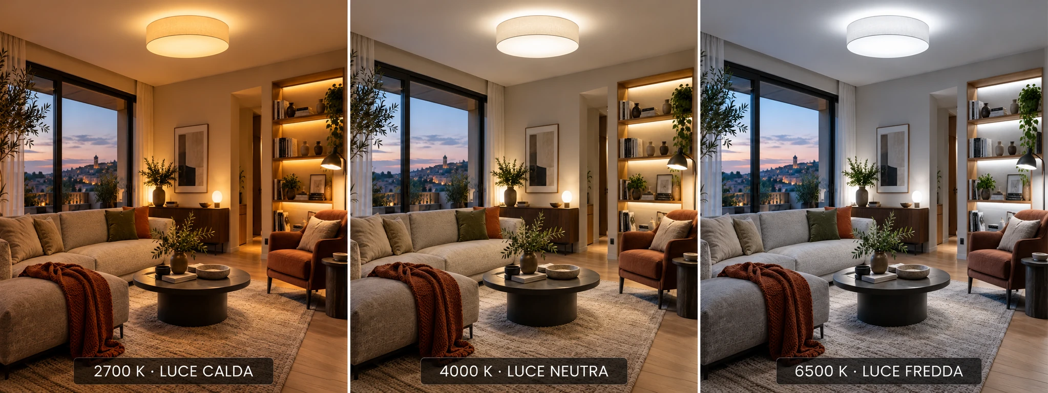Confronto illustrativo dello stesso soggiorno con luce LED a 2700, 4000 e 6500 kelvin